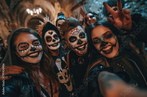 A group of smiling and happy faces with face painting in different styles like witch, clown or monster taking a selfie together at a Halloween party. © Kien