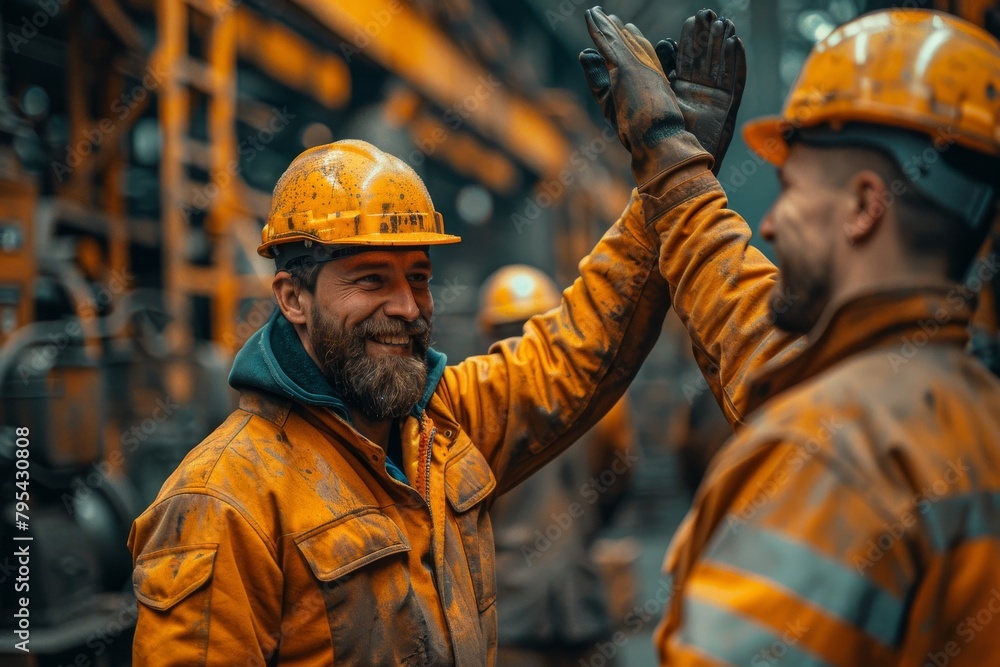 Two industrial workers in high visibility workwear high-five each other, symbolizing teamwork and job well-done in an industrial backdrop Two industrial workers in high visibility workwear high-five each other, symbolizing teamwork and job well-done in an industrial backdrop