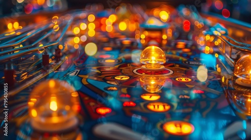 Close up of a pinball machine with the bumpers and lights in focus and the background blurred. photo