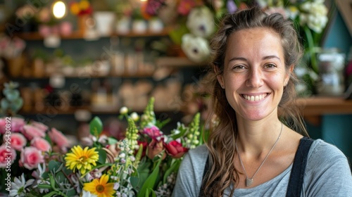 Flower shop owner smiling happily in front of her shop