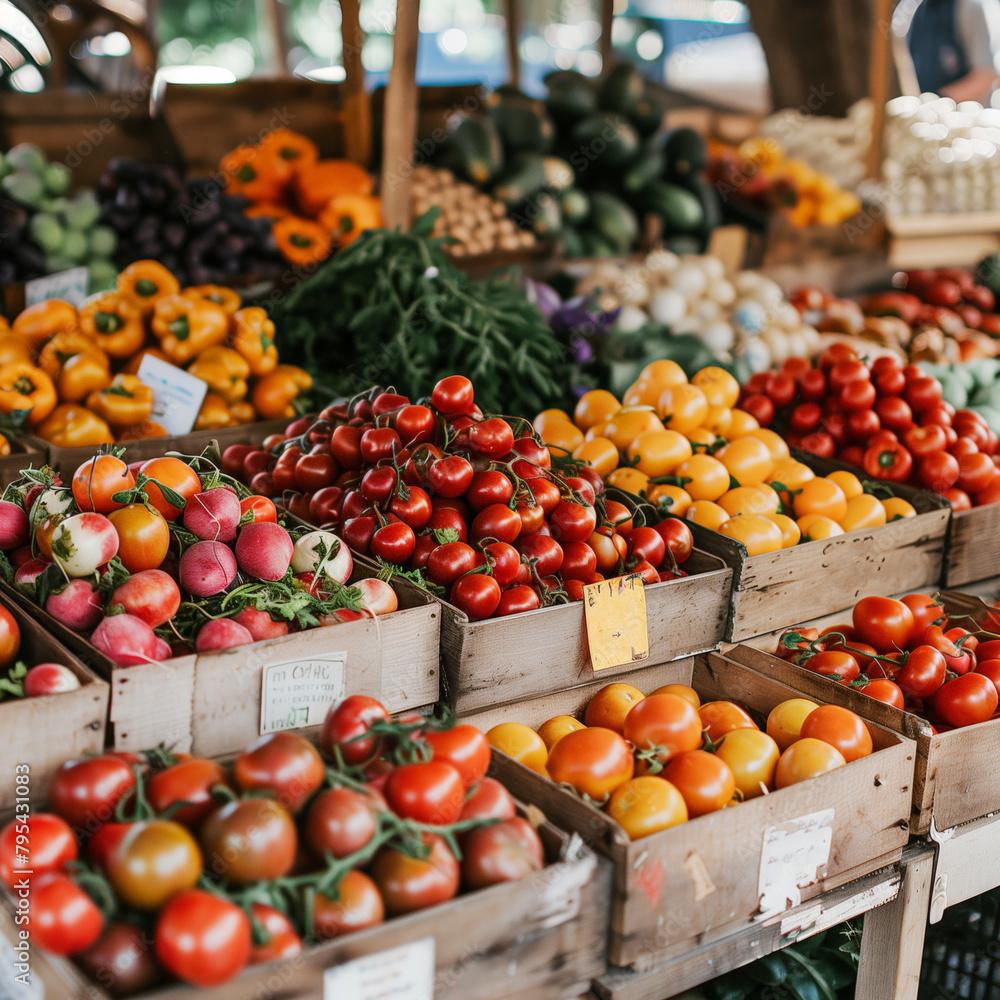 Abundant Variety of Tomatoes at Organic Market.