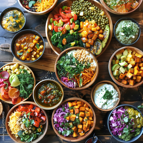 Assorted Vegetarian Dishes in Rustic Bowls.