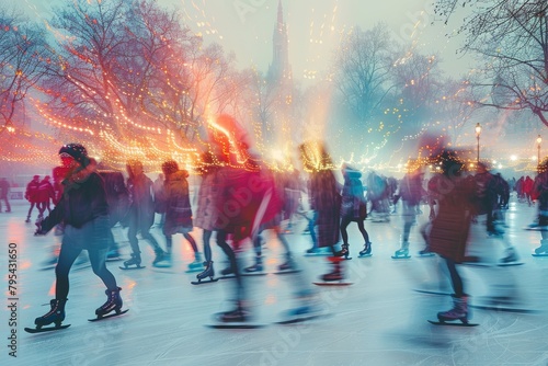 A joyful crowd ice skating at an outdoor rink decorated with golden festive lights, capturing the motion and holiday spirit photo