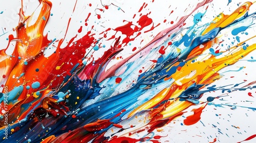 Colorful abstract painting with bright red, blue, yellow, and orange hues.