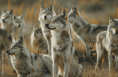 A group of wolves in the wild with one wolf sitting down © Kien