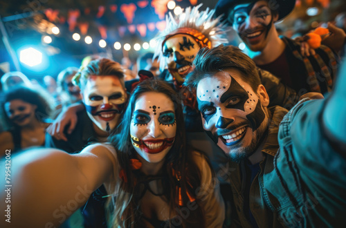 A group of smiling and happy faces with face painting in different styles like witch, clown or monster taking a selfie together at a Halloween party.