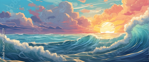 An intense digital artwork of ocean waves under the sunset sky evoking tranquility and natural beauty