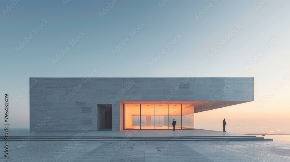 b'Two men standing in front of a modern building with large glass windows'