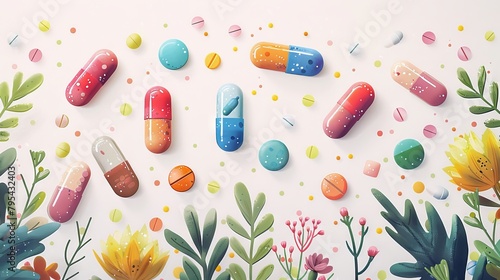 Colorful pills and flowers on a white background
