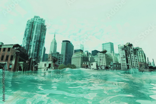 A photo of a flooded city, Submerged and ruined buildings set against a calm sea, reflecting a dystopian vision of a flooded cityscape.