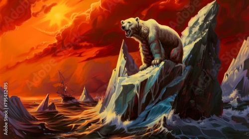 A polar bear standing on an iceberg in the middle of a stormy sea. The sky is red and the water is rough. The bear is looking at a ship that is in the distance.