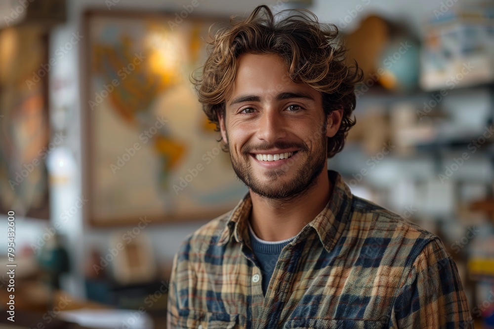 Obraz premium A stylish young man in casual plaid shirt standing with a blurred artistic background, conveying a sense of leisure and modernity
