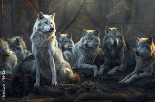 A group of wolves in the wild with one wolf sitting down © Kien