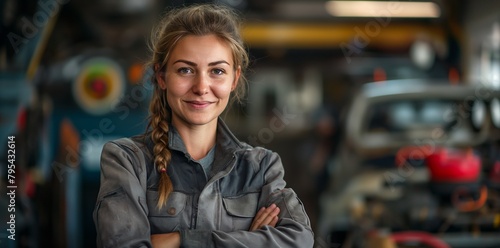 Female mechanic wearing a grey uniform smiles while standing with crossed arms, looking at the camera, and working on car parts.