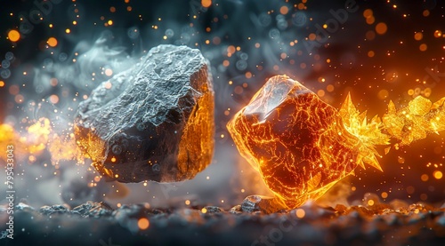 Collision of Elemental Forces: Gray and Orange Crystal Rocks Clash. Generative Ai photo