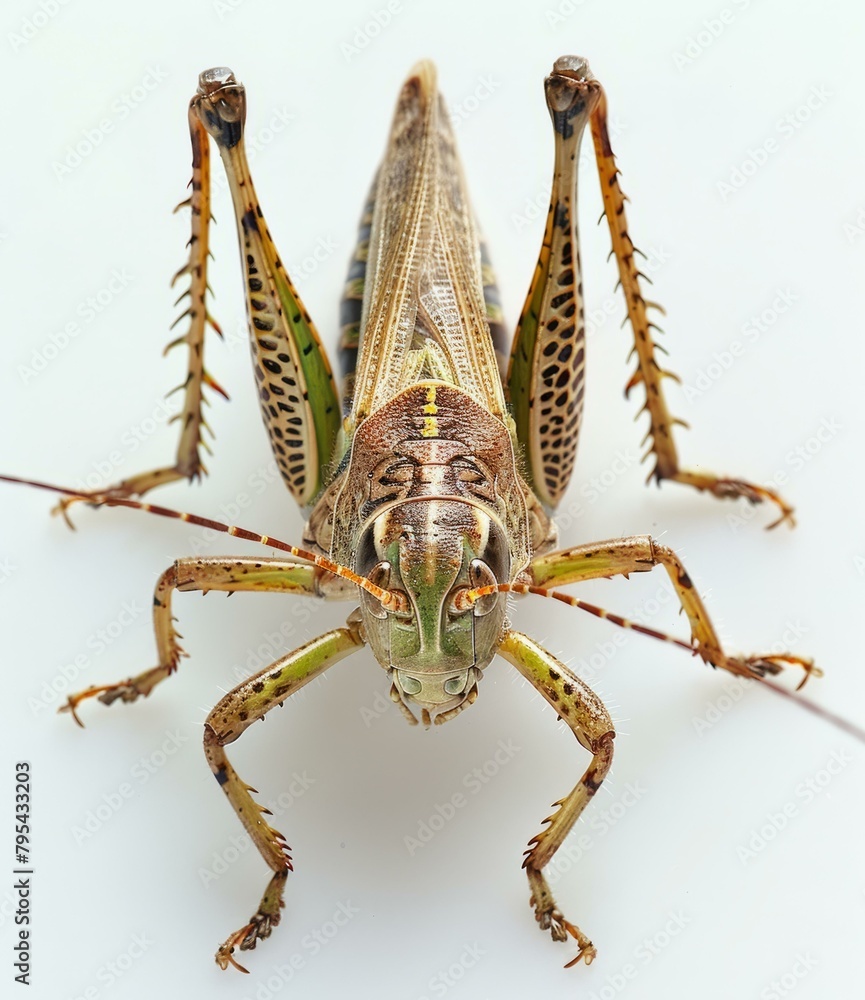 Fototapeta premium b'A macro photo of a green and brown katydid facing the camera'