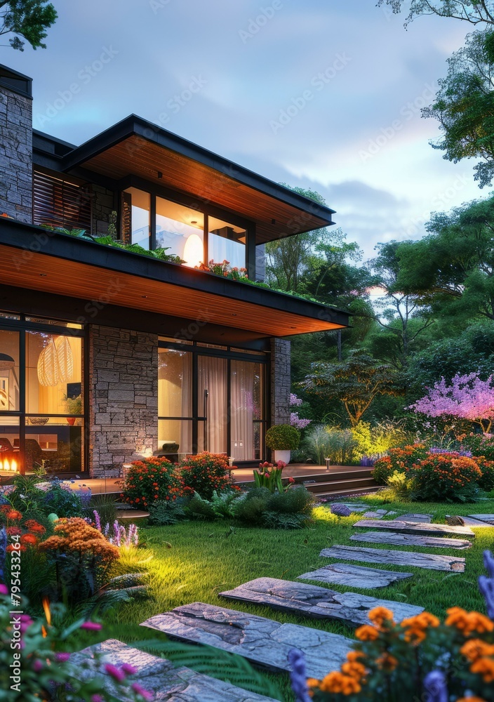 b'Modern House Exterior Design with Beautiful Garden' b'Modern House Exterior Design with Beautiful Garden'