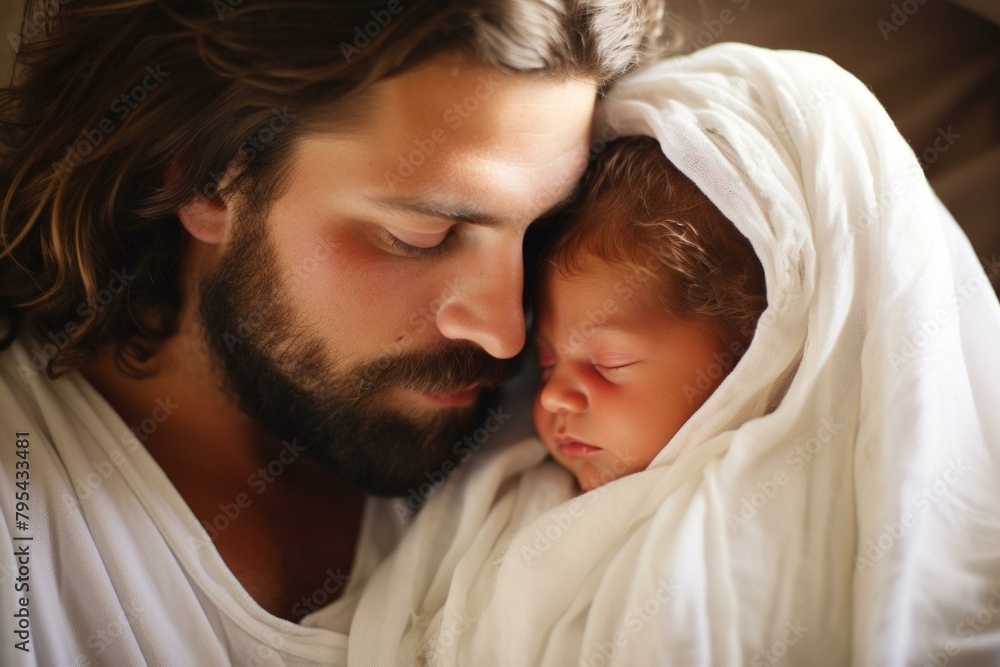 b'Father and newborn baby wrapped in a blanket' b'Father and newborn baby wrapped in a blanket'