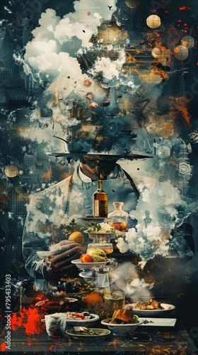 b'Surreal painting of a chef with a cityscape in his head'