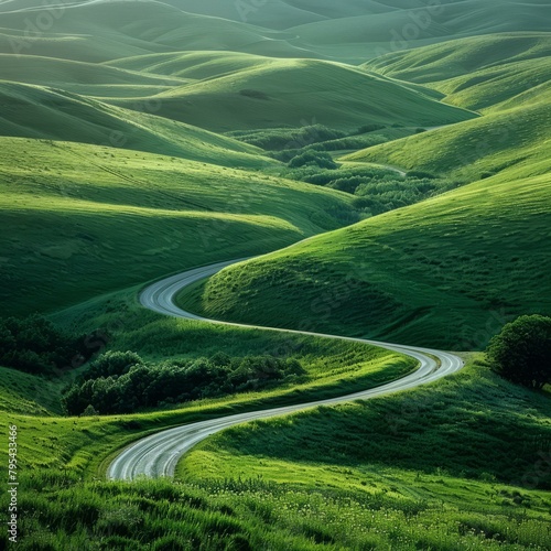 b'Scenic view of a winding road through green hills'