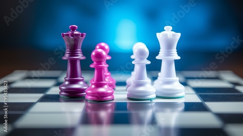 b'Purple and white chess pieces on a chessboard' photo