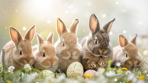 Five cute bunnies sitting in a field of flowers with Easter eggs.