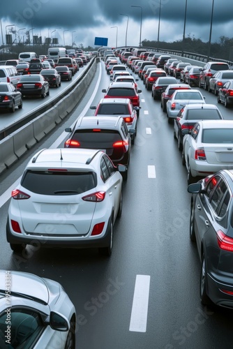 b'Traffic jam on a highway with cars at a standstill'