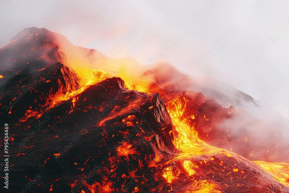 Intense heat radiating from a glowing lava flow against a soft transparent white backdrop, symbolizing volcanic activity