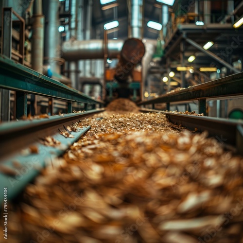 b'A manufacturing plant processes and transports wood chips'