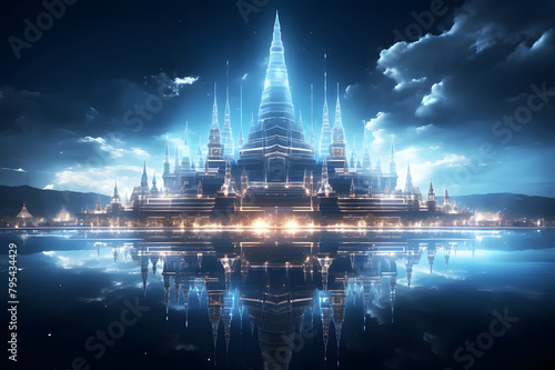 Holographic of digital temp display white, blue background. White Temple at Thailand at evening with bright sky and clouds. Panorama view. Image showing technology. photo