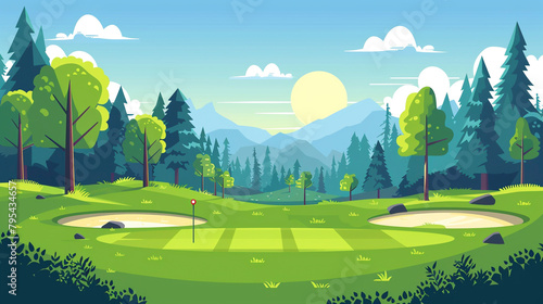 Outdoor golf court scene in flat graphics