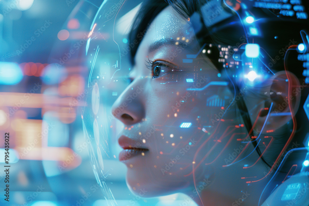 Futuristic portrait of Asian girl with glowing data visualization reflection of the screen. Woman In the network with line of code projected on her face. VR screen, AI Artificial Intelligence concept