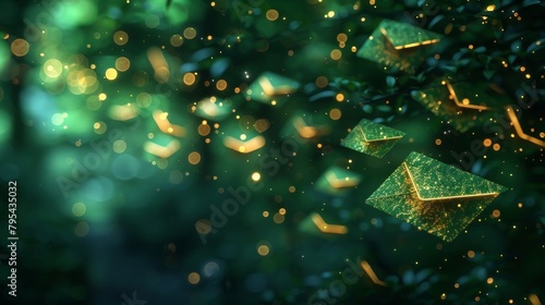 Green email icons float through the air against a blurry background of leaves. photo