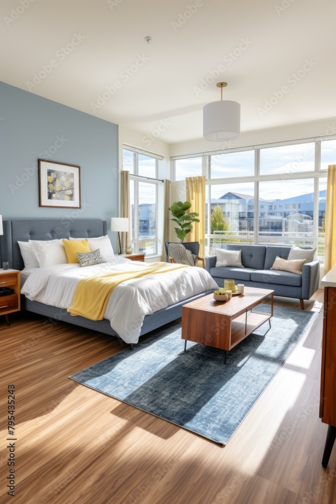 Fototapeta premium b'A modern bedroom with a blue wall and a yellow bedspread'