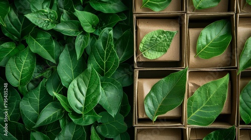 Green leaves arranged beautifully on the left and placed in a box on the right. photo