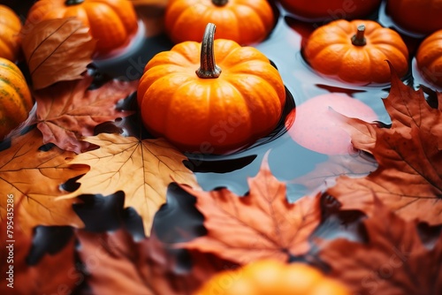 b Orange pumpkins and autumn leaves floating in water 