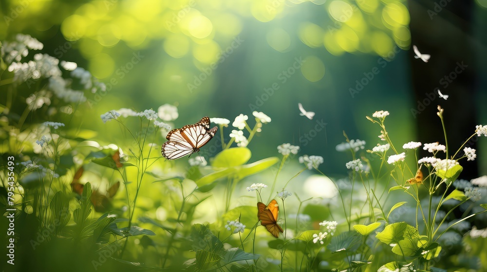 A Sunny Day in a Summer Forest Glade with Flowering Grass, Beautiful Wildflowers, and Butterflies.