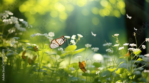 A Sunny Day in a Summer Forest Glade with Flowering Grass  Beautiful Wildflowers  and Butterflies.