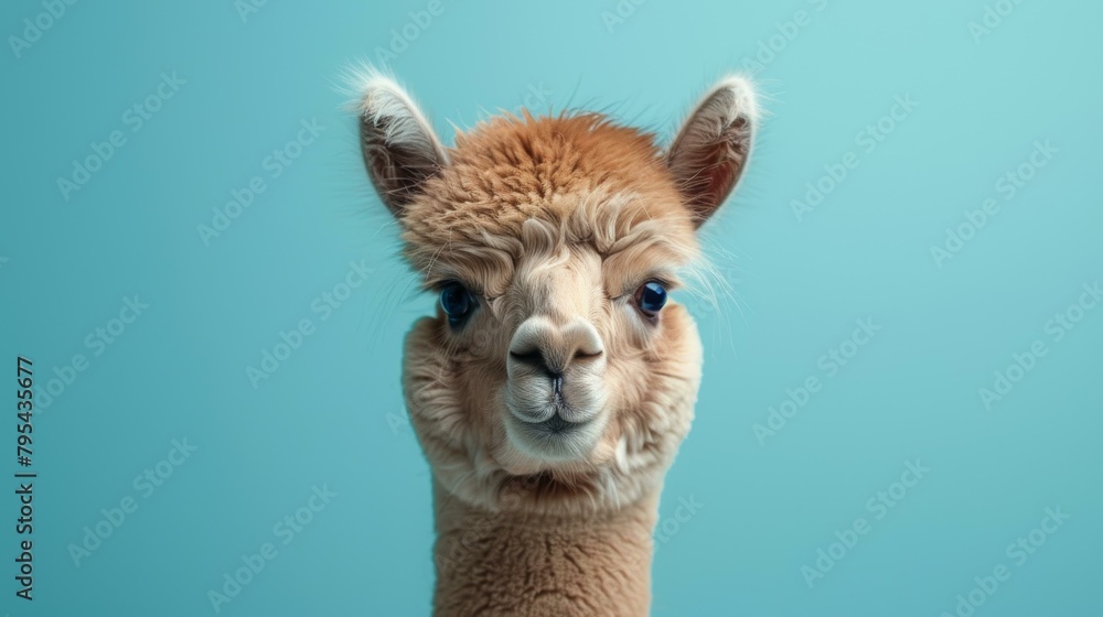 A close-up portrait of an alpaca with blue eyes