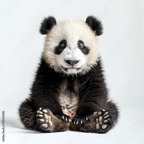 b'An adorable baby panda sits on a white background' photo
