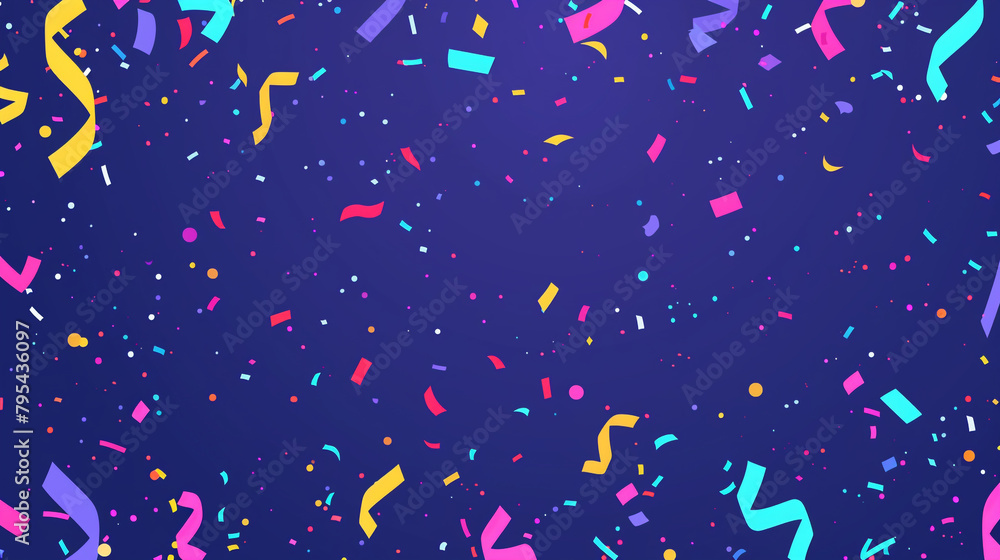 A blue background with colorful confetti falling from the sky, simple flat illustration style with simple lines and shapes and low details without shadows. A blue background with colorful confetti falling from the sky, simple flat illustration style with simple lines and shapes and low details without shadows.