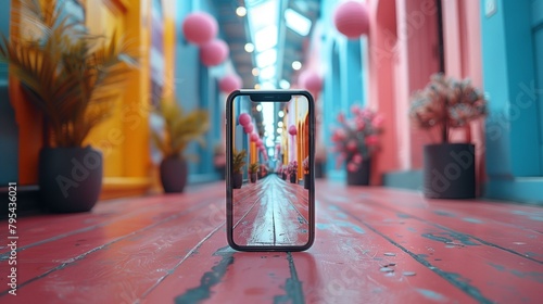 Influencer culture concept, phone on wooden floor, home interior glass electric lamp equipment office