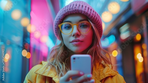 Influencer culture concept, young woman with smartphone in city street, portrait young woman beauty technology happiness