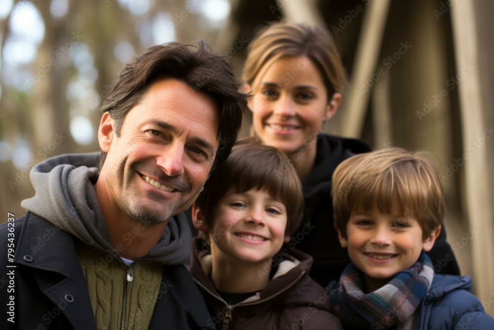 b'Happy family of four posing for a picture in the woods' b'Happy family of four posing for a picture in the woods'