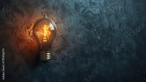 Light bulb with dollar sign filament on grunge background.