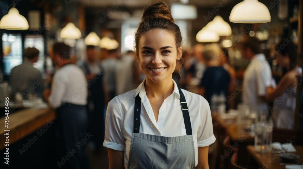 Fototapeta premium b'Portrait of a smiling waitress in a busy restaurant'