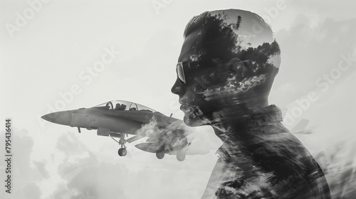 Double exposure aerospace engineer aircraft, man with fighter jet in background, war armed forces air force speed airshow photo