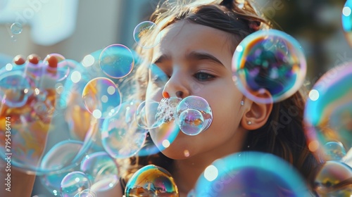 Little girl blowing bubbles in the wind photo