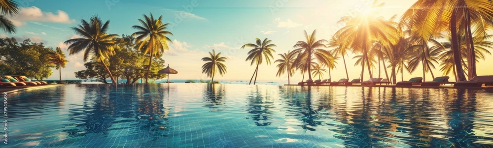 Tropical resort swimming pool with lounge chairs and palm trees. Summer travel background 