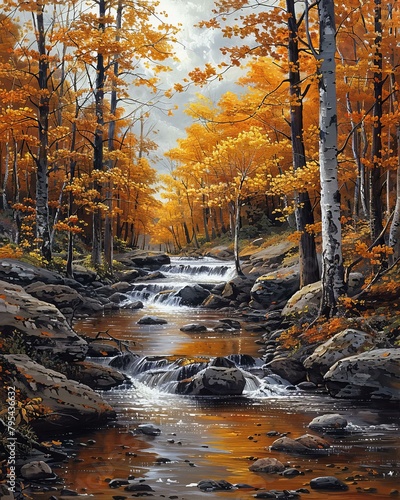 b'Colorful trees and a creek in autumn'